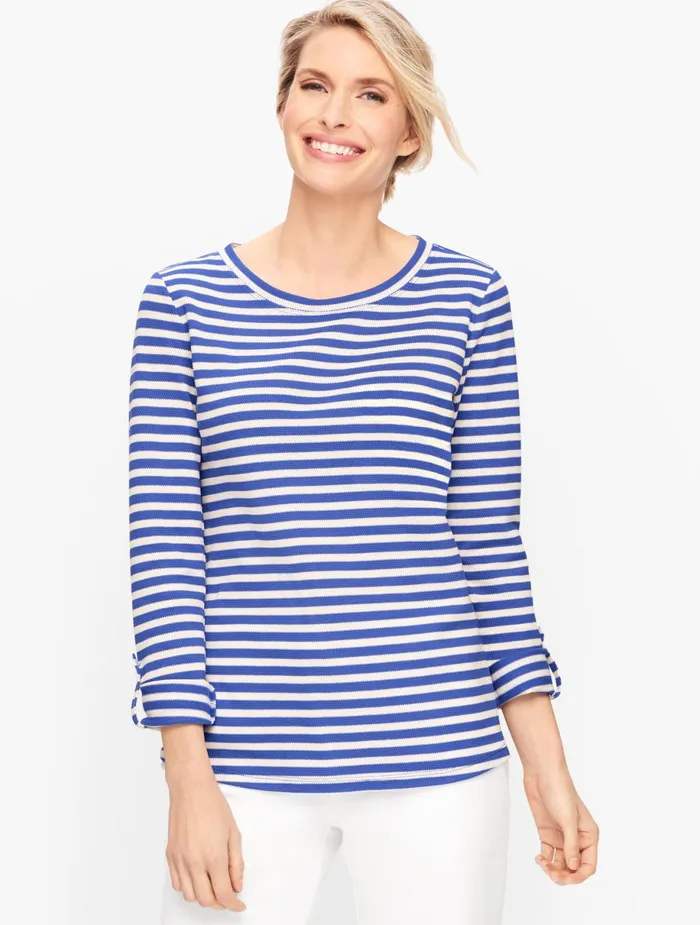 Women Long and 34 Sleeve Talbots Piqu Roll Cuff Top Biscayne Bluewhite