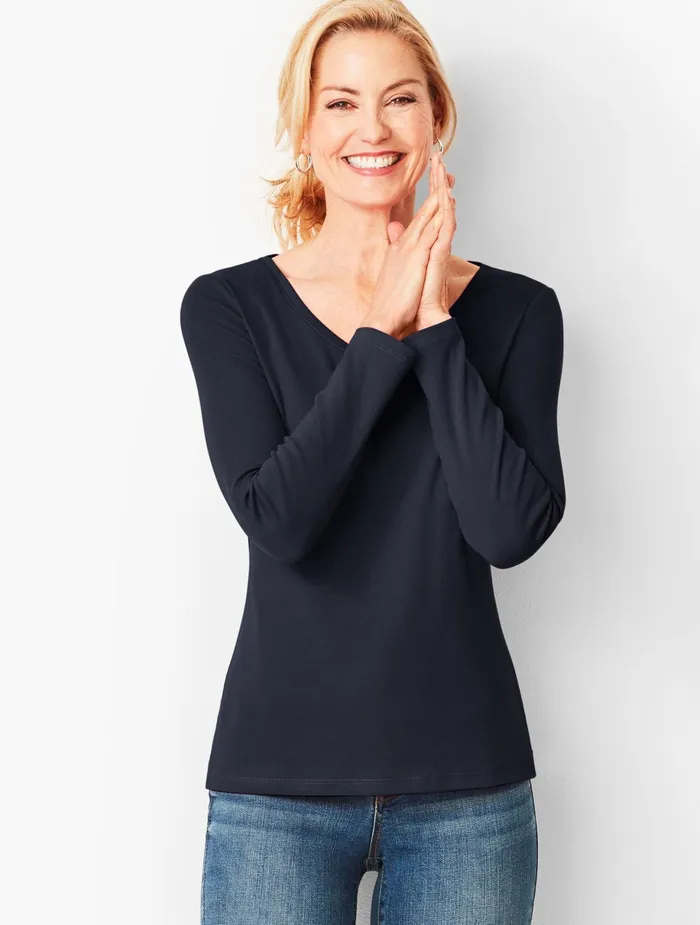 Women Long and 34 Sleeve Talbots Ribbed Pima VNeck Tee Black