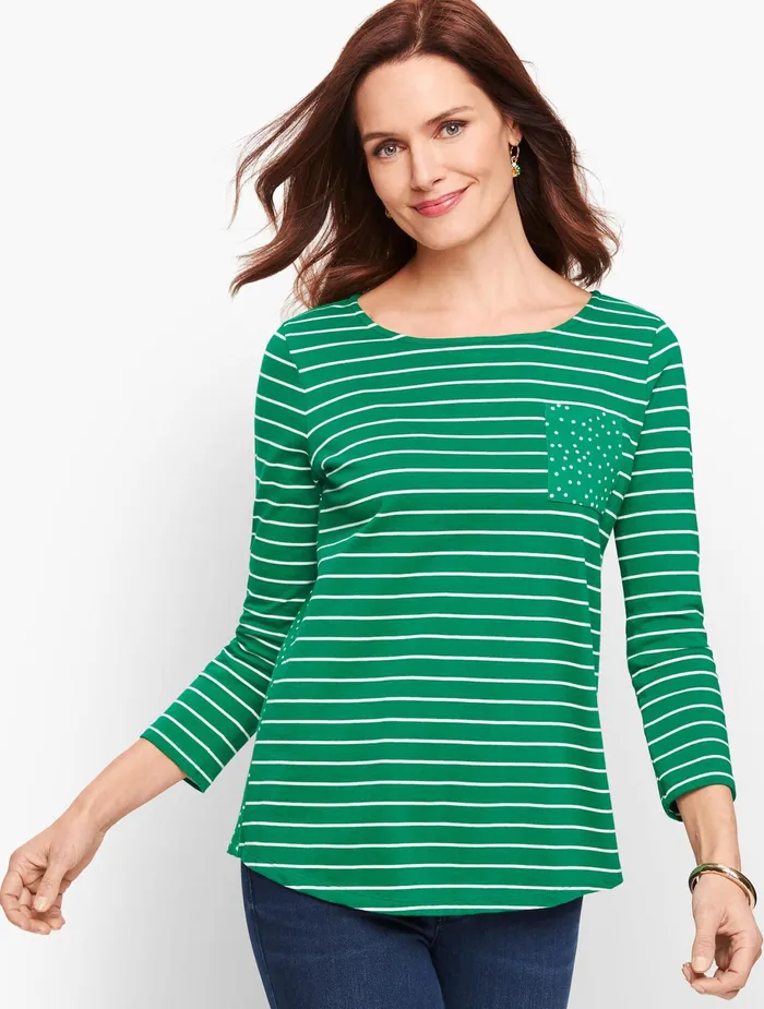 Women Long and 34 Sleeve Talbots Stripe Pocket Tee Kelly Greenivory