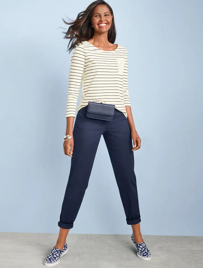 Women Long and 34 Sleeve Talbots Stripe Pocket Tee Kelly Greenivory