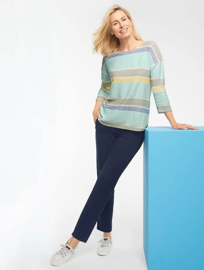 Women Long and 34 Sleeve Talbots Textured Dropped Shoulder Pullover Pale Blue Multi