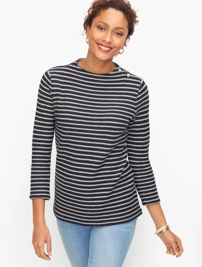 Women Long and 34 Sleeve Talbots Textured Stripe Funnel Neck Tee