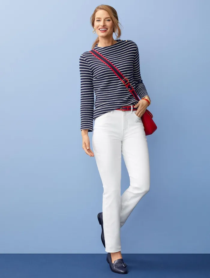 Women Long and 34 Sleeve Talbots Textured Stripe Funnel Neck Tee