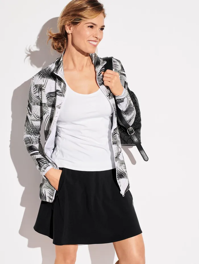 Women Long and 34 Sleeve Talbots UPF 50 Cozy Crush Painted Fronds Mockneck Jacket Whitemulti