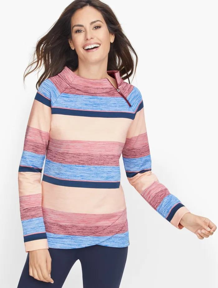 Women Long and 34 Sleeve Talbots Zip Mockneck Stripe Top Pink Lotus Multi