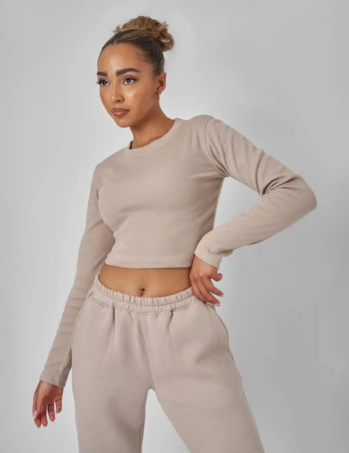 Women Long Sleeve Ribbed Top Stone Neutral Public Desire Tops