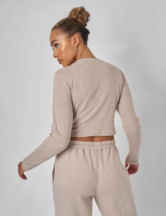 Women Long Sleeve Ribbed Top Stone Neutral Public Desire Tops