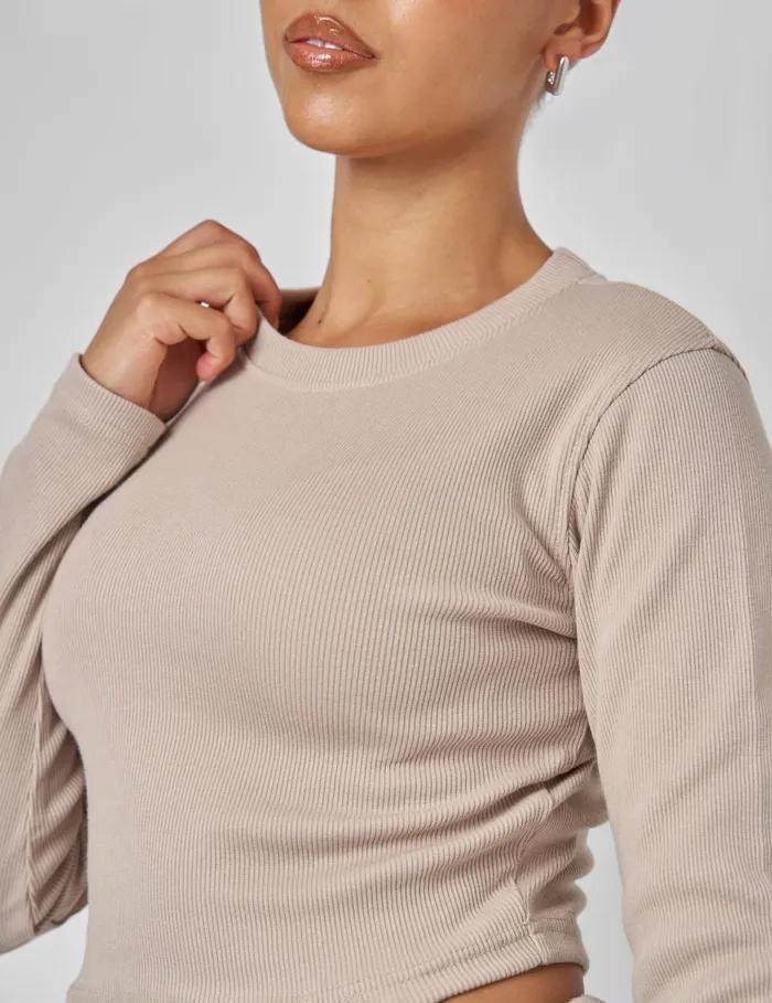 Women Long Sleeve Ribbed Top Stone Neutral Public Desire Tops