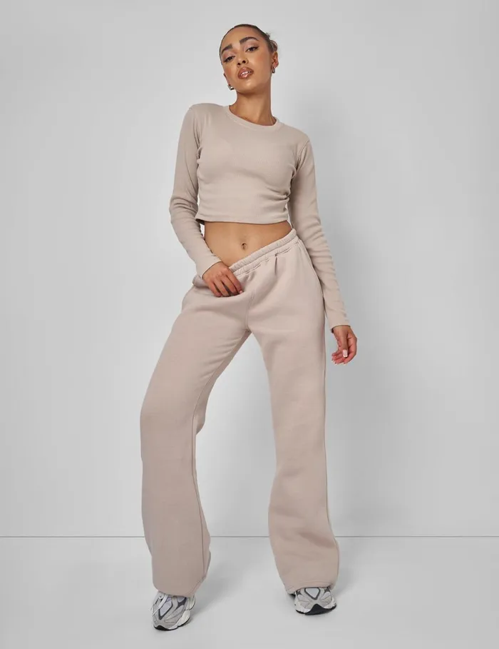 Women Long Sleeve Ribbed Top Stone Neutral Public Desire Tops