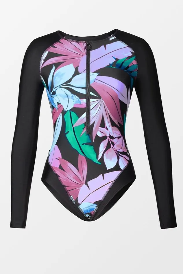 Women Long Sleeve Swimsuits Cupshe Tropicool Leaf Zip Front Long Sleeve Swimsuit Multicolor