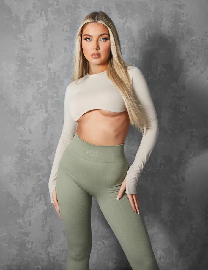 Women LONG SLEEVE UNDERBUST CROP TOP STONE Neutral Public Desire Tops