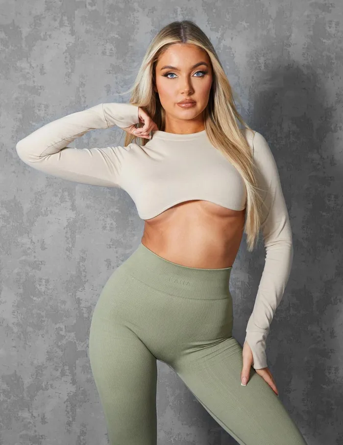 Women LONG SLEEVE UNDERBUST CROP TOP STONE Neutral Public Desire Tops