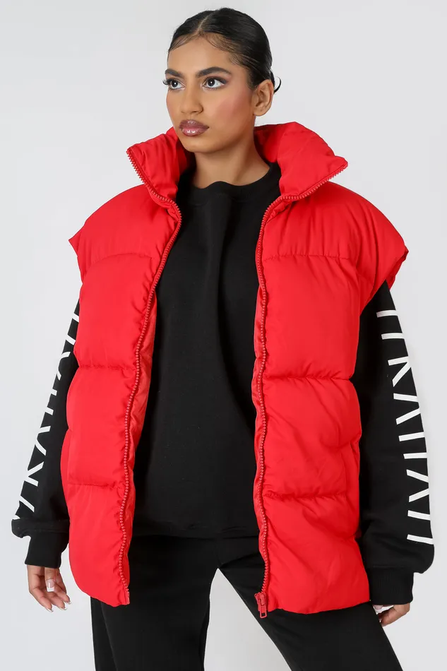 Women Longline Oversized Gilet Red Kaiia Red Public Desire Outerwear and Jackets