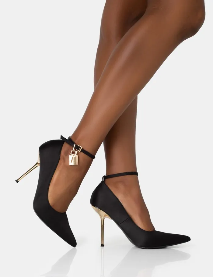 Women Lotty Black Satin Padlock Ankle Detail Court Stiletto Heels Black Public Desire Stilettos