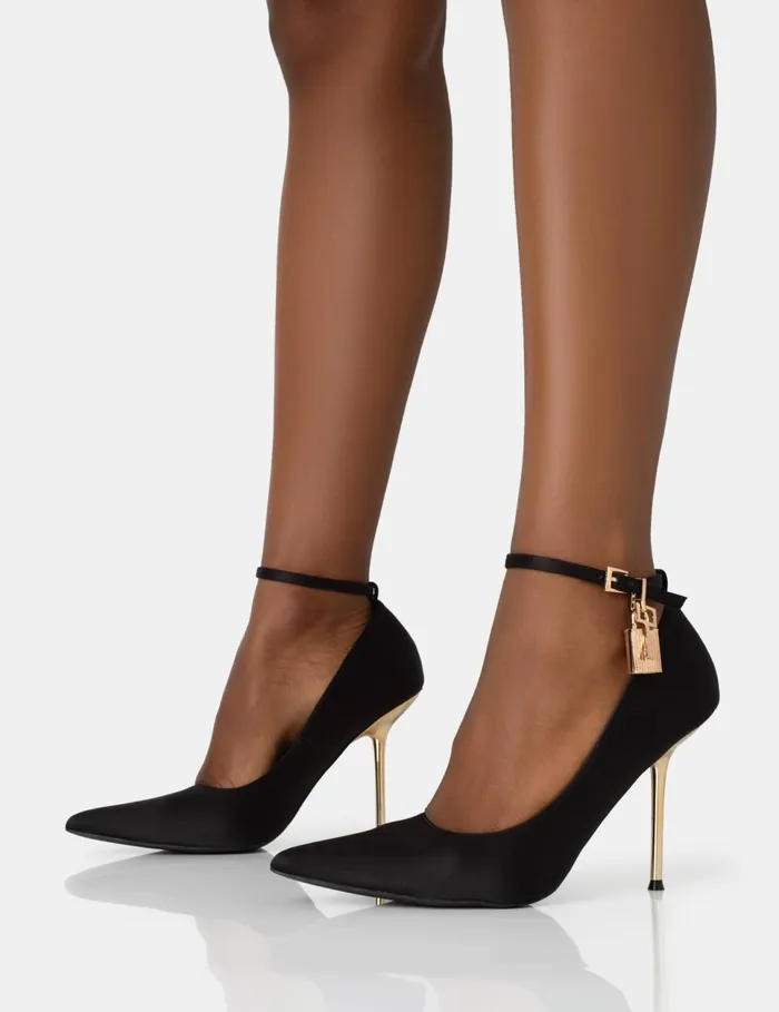 Women Lotty Black Satin Padlock Ankle Detail Court Stiletto Heels Black Public Desire Stilettos