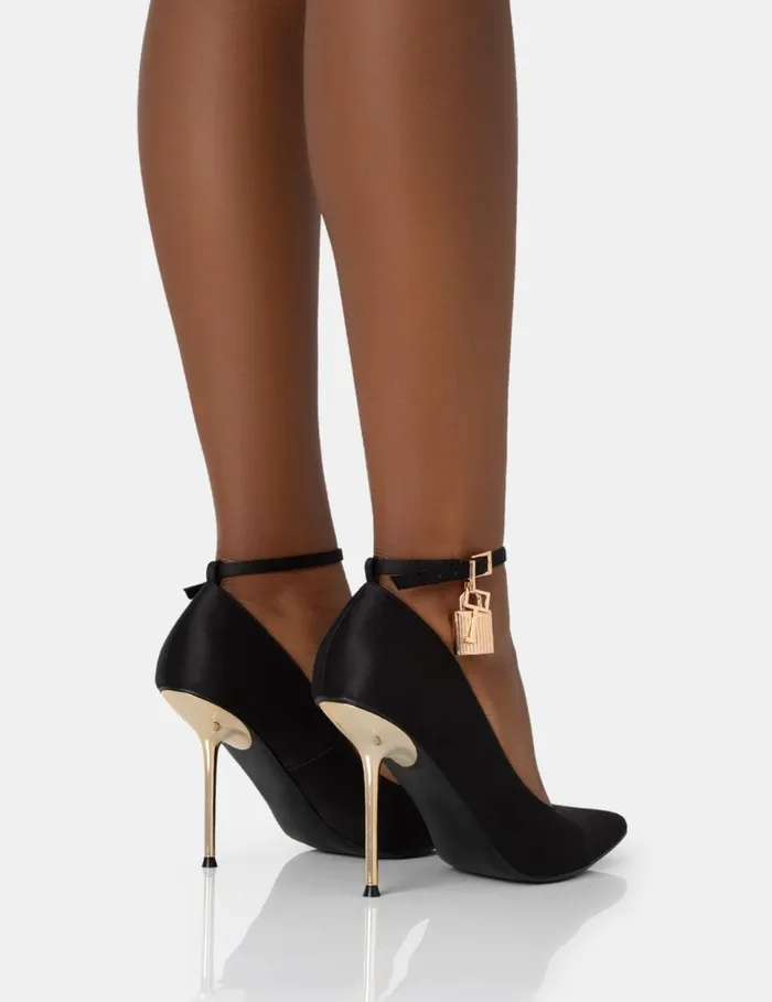 Women Lotty Black Satin Padlock Ankle Detail Court Stiletto Heels Black Public Desire Stilettos