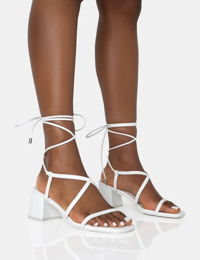 Women Mabel White Pu Ankle Tie Mid Block Heeled Sandals White Public Desire Holiday Women Mabel White Pu Ankle Tie Mid Block Heeled Sandals White Public Desire Holiday