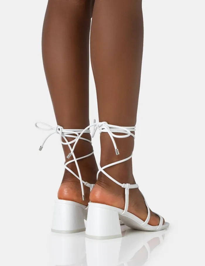 Women Mabel White Pu Ankle Tie Mid Block Heeled Sandals White Public Desire Holiday