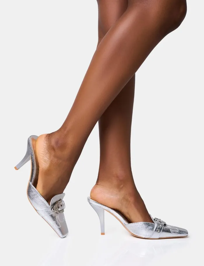 Women Macchiato Cracked Silver Western Buckle Detail Mid Heel Mules Silver Public Desire Festival