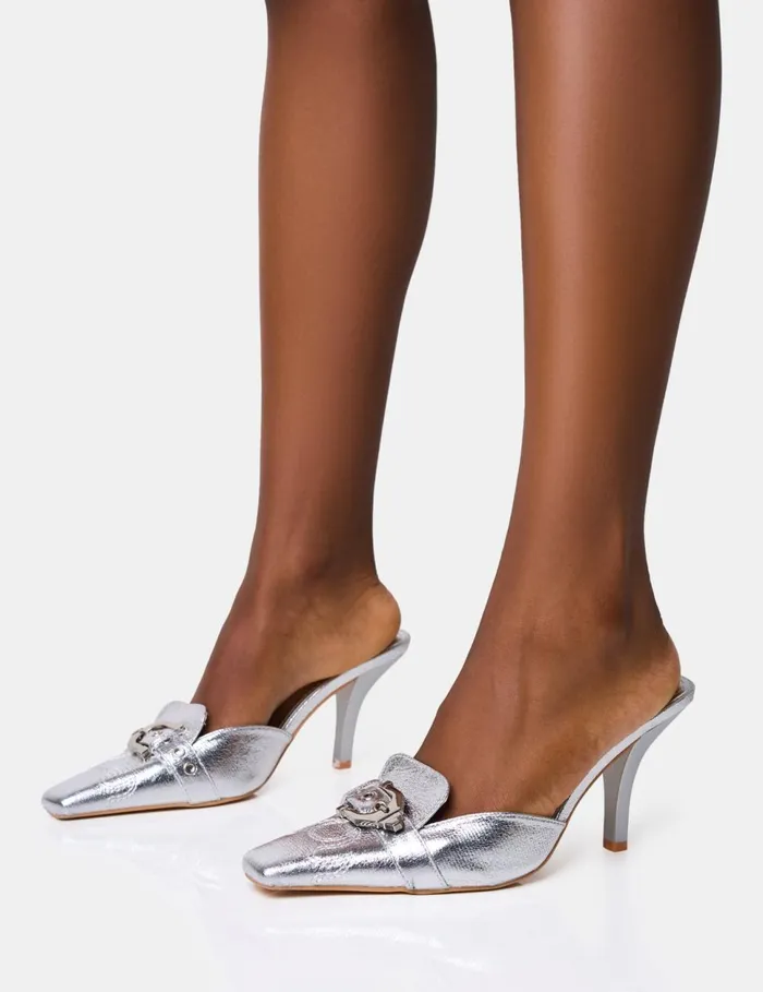 Women Macchiato Cracked Silver Western Buckle Detail Mid Heel Mules Silver Public Desire Festival
