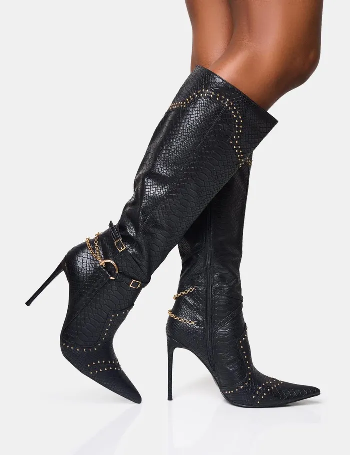Women Main Character Embellished Vintage Black Pointed Toe Stiletto Boots Black Public Desire Festival