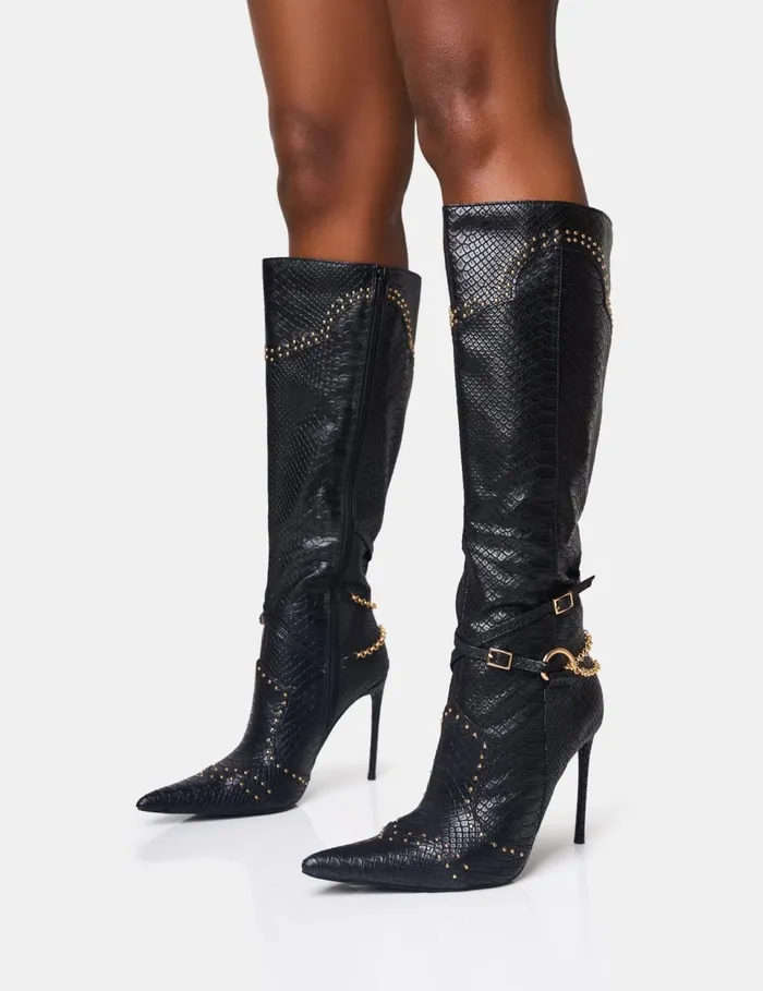 Women Main Character Embellished Vintage Black Pointed Toe Stiletto Boots Black Public Desire Festival