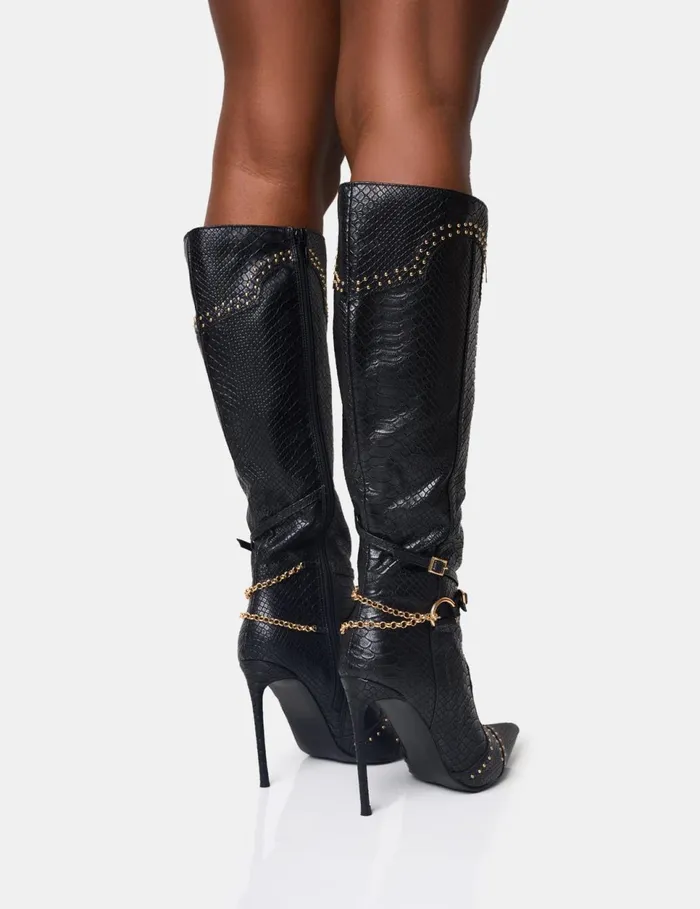 Women Main Character Embellished Vintage Black Pointed Toe Stiletto Boots Black Public Desire Festival