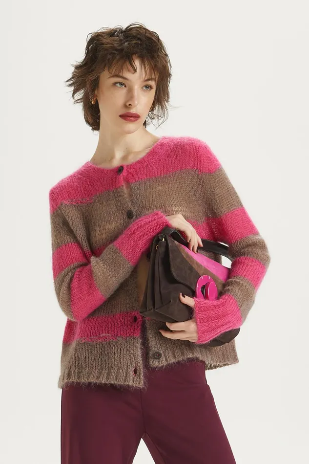 Women Malparmi Knitwear Lurex Mohair Stripes Cardigan Pinkbrown