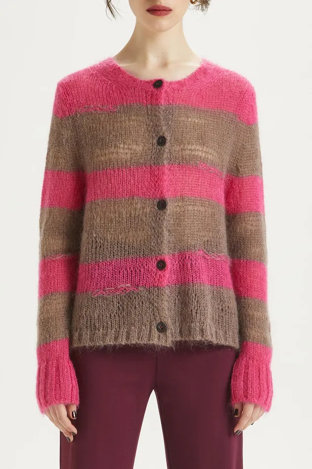 Women Malparmi Knitwear Lurex Mohair Stripes Cardigan Pinkbrown