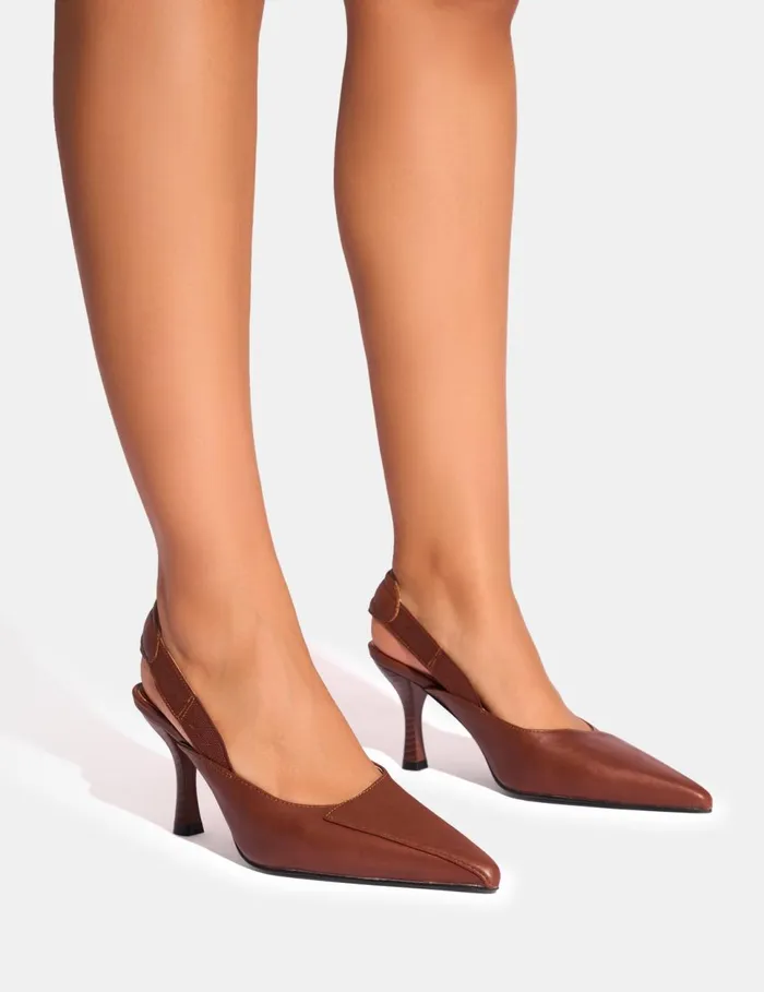 Women Malia Vintage Brown Fold Over Detail Cushioned Slingback Court Heels Brown Public Desire View All Heels