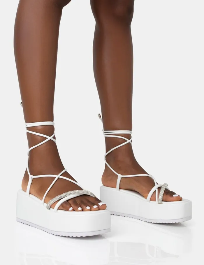 Women Malia White PU Diamante Strap Lace Up Chunky Platform Sandals White Public Desire Embellished Women Malia White PU Diamante Strap Lace Up Chunky Platform Sandals White Public Desire Embellished
