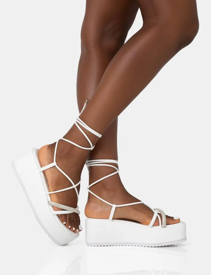 Women Malia White PU Diamante Strap Lace Up Chunky Platform Sandals White Public Desire Embellished
