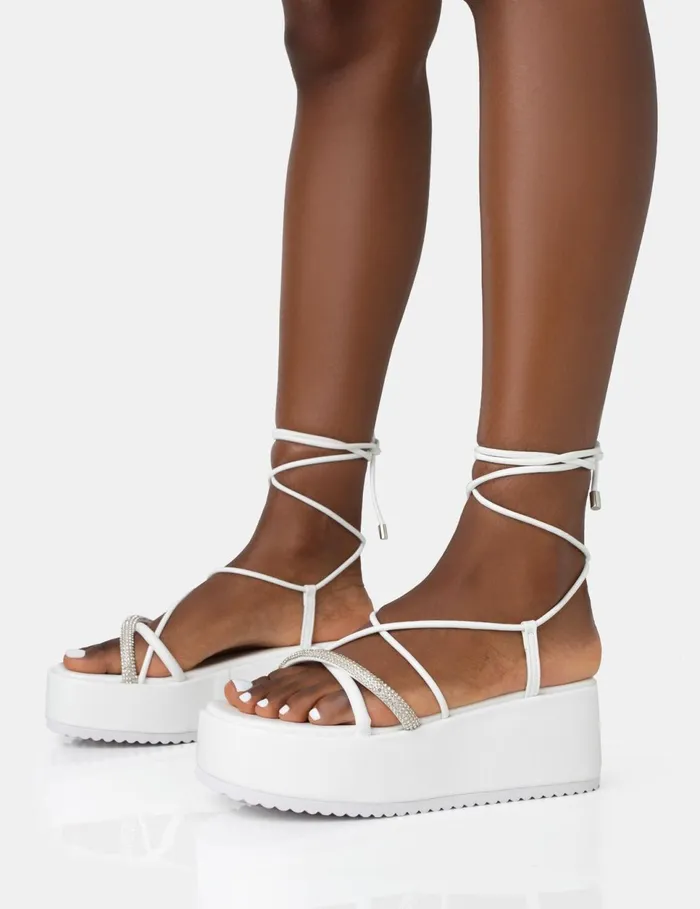 Women Malia White PU Diamante Strap Lace Up Chunky Platform Sandals White Public Desire Embellished