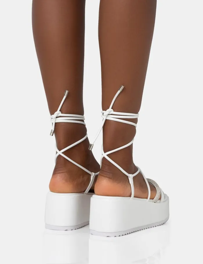 Women Malia White PU Diamante Strap Lace Up Chunky Platform Sandals White Public Desire Embellished