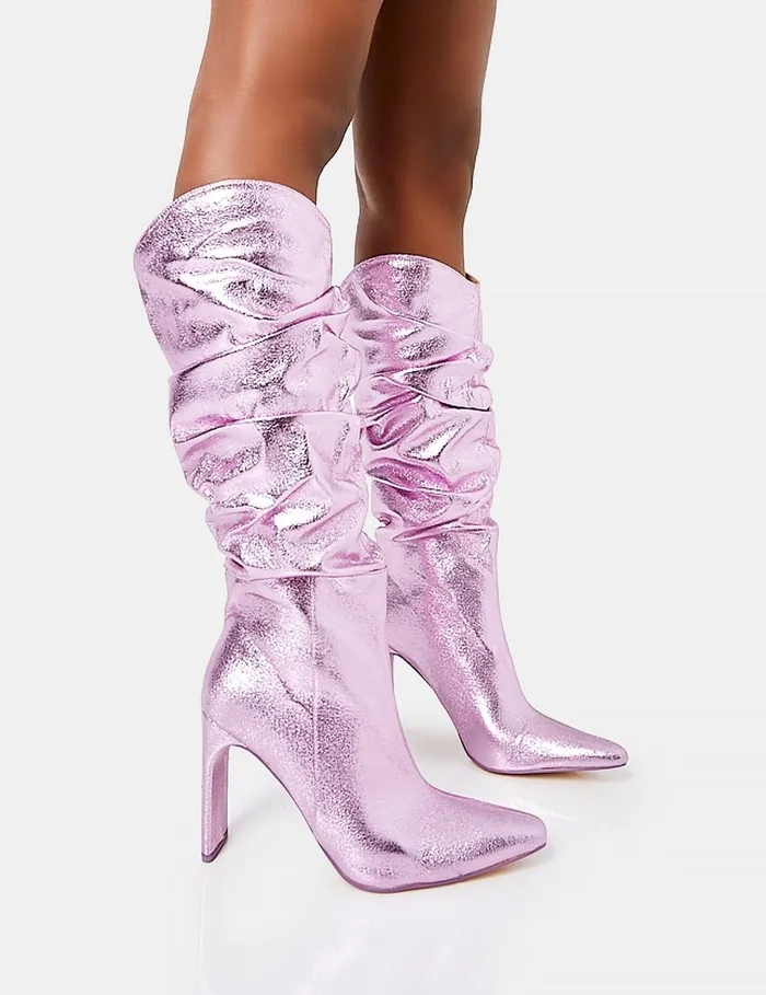 Women Manhattan Metallic Pink Knee High Boots Pink Public Desire Metallics