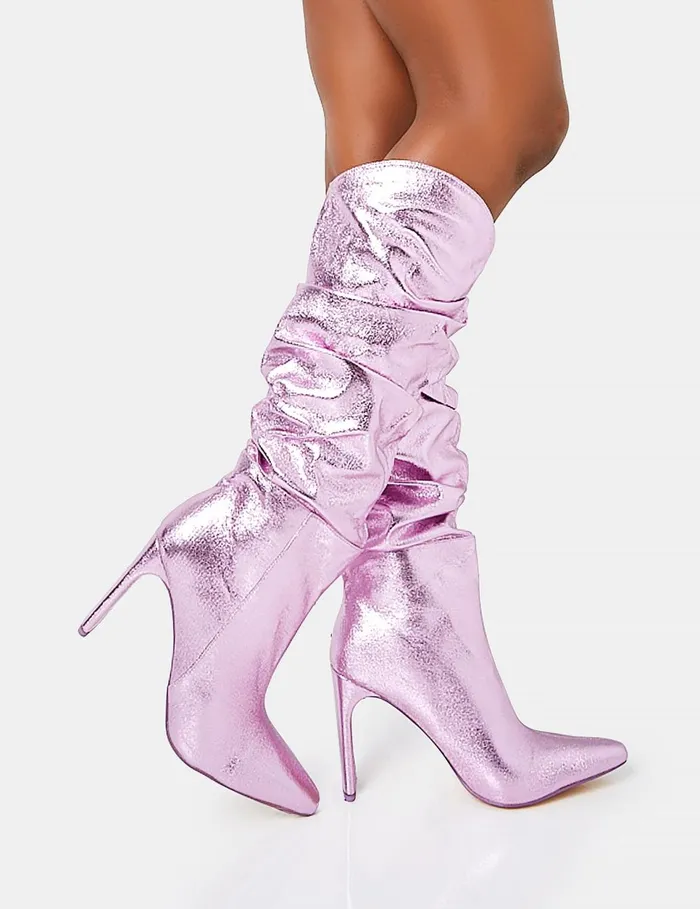 Women Manhattan Metallic Pink Knee High Boots Pink Public Desire Metallics