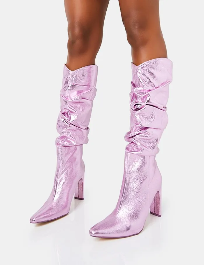 Women Manhattan Metallic Pink Knee High Boots Pink Public Desire Metallics