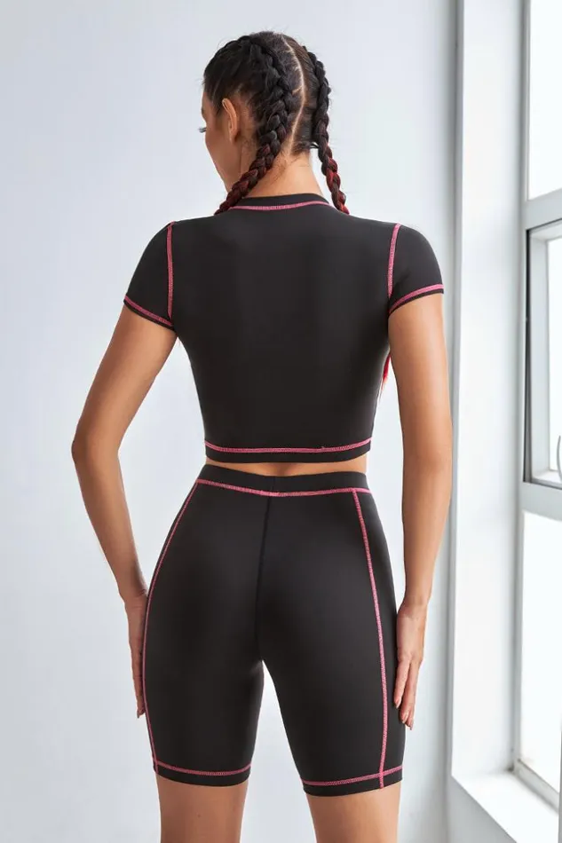 Women Matching Sets Cupshe Honeymoon Contrast Binding Crop Top And Shorts Set Black