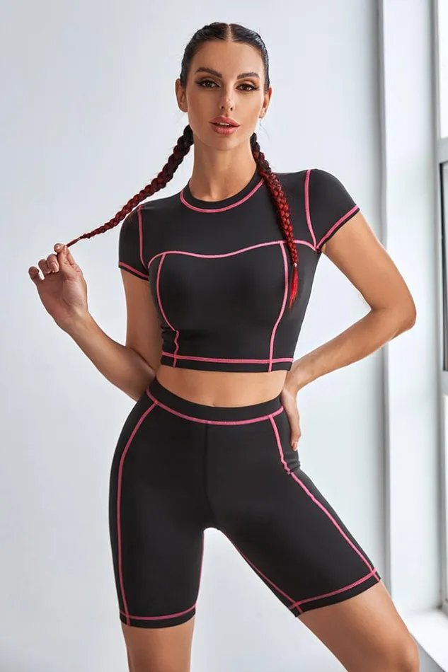 Women Matching Sets Cupshe Honeymoon Contrast Binding Crop Top And Shorts Set Black