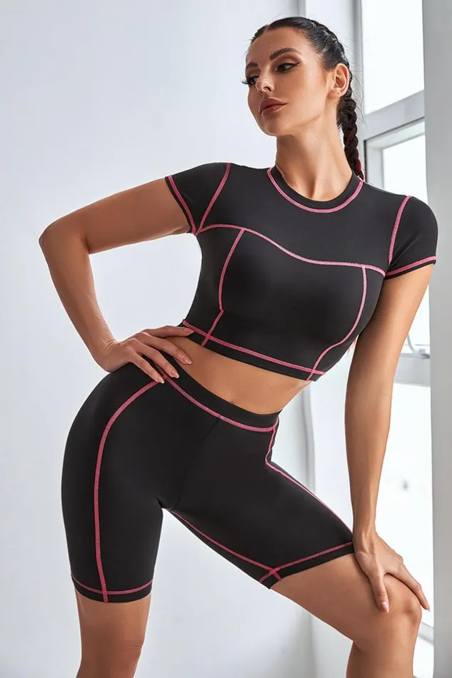 Women Matching Sets Cupshe Honeymoon Contrast Binding Crop Top And Shorts Set Black