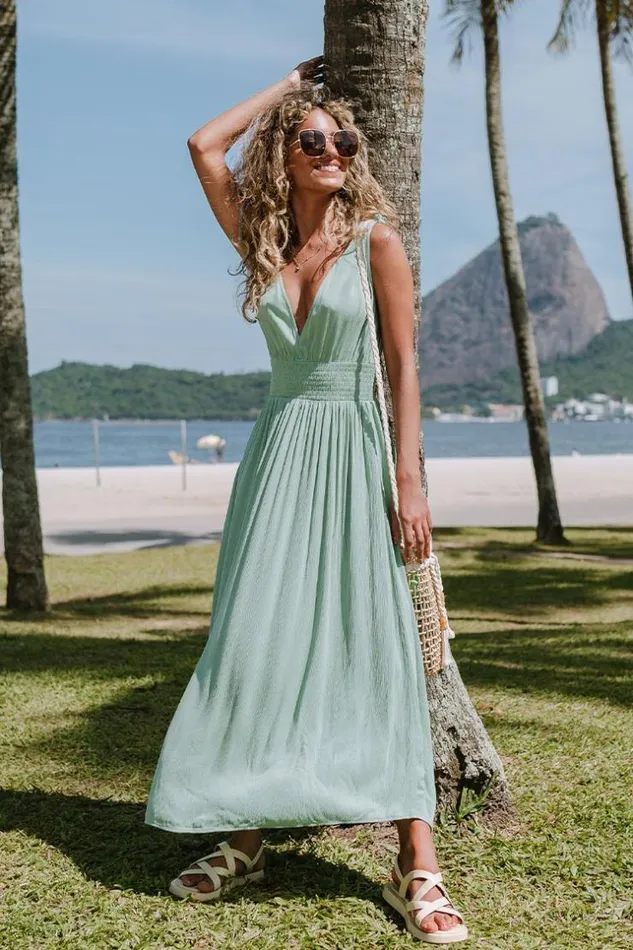Women Maxi Dresses Cupshe Adrian Vneck Smocked Elastic Waist Dress Green