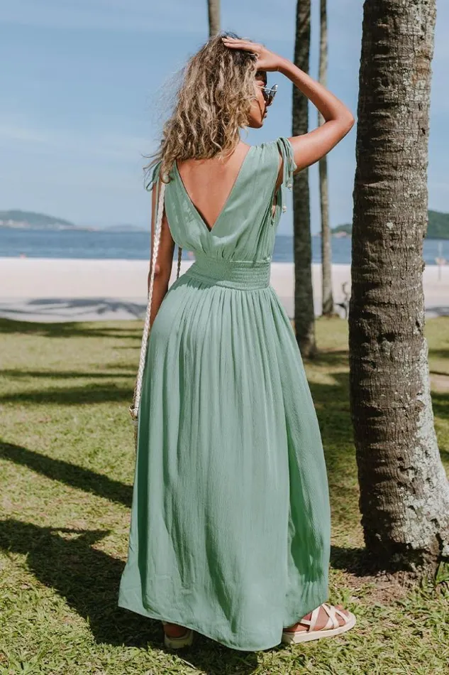 Women Maxi Dresses Cupshe Adrian Vneck Smocked Elastic Waist Dress Green