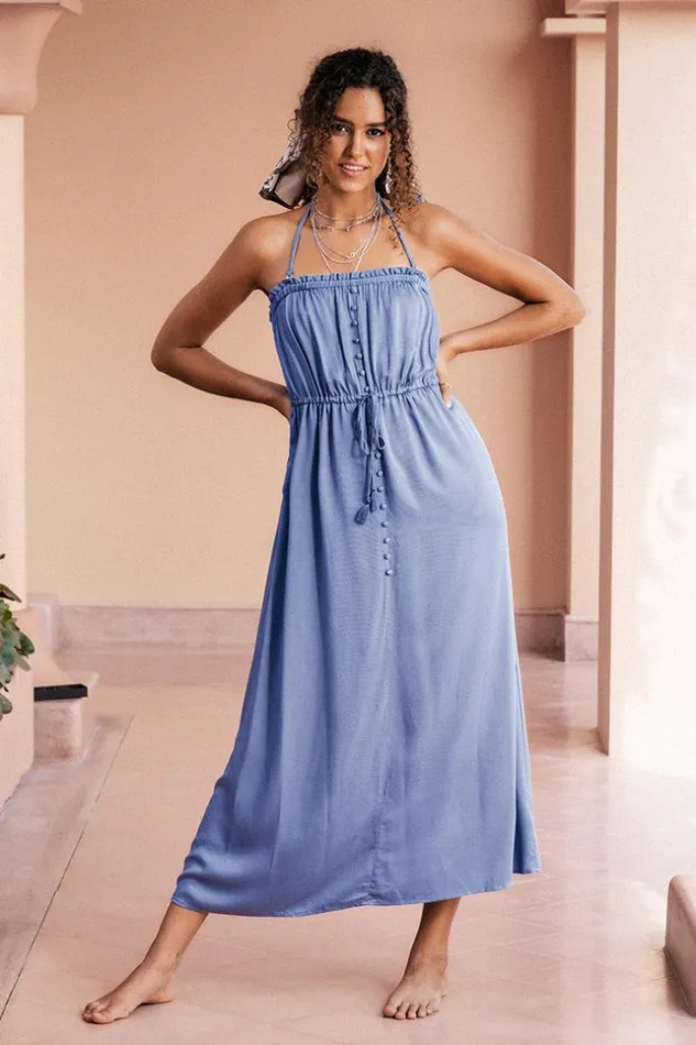 Women Maxi Dresses Cupshe Avalynn Drawstring Waist Halter Maxi Dress Blue