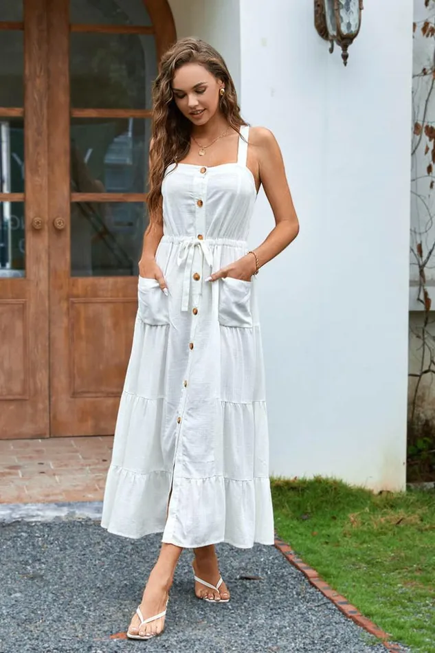 Women Maxi Dresses Cupshe Irena Square Neck Tie AShape Dress White
