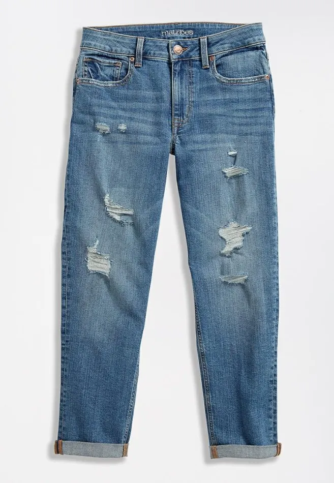 Women Medium Wash Destructed Boyfriend Cropped Jean Maurices Bottoms