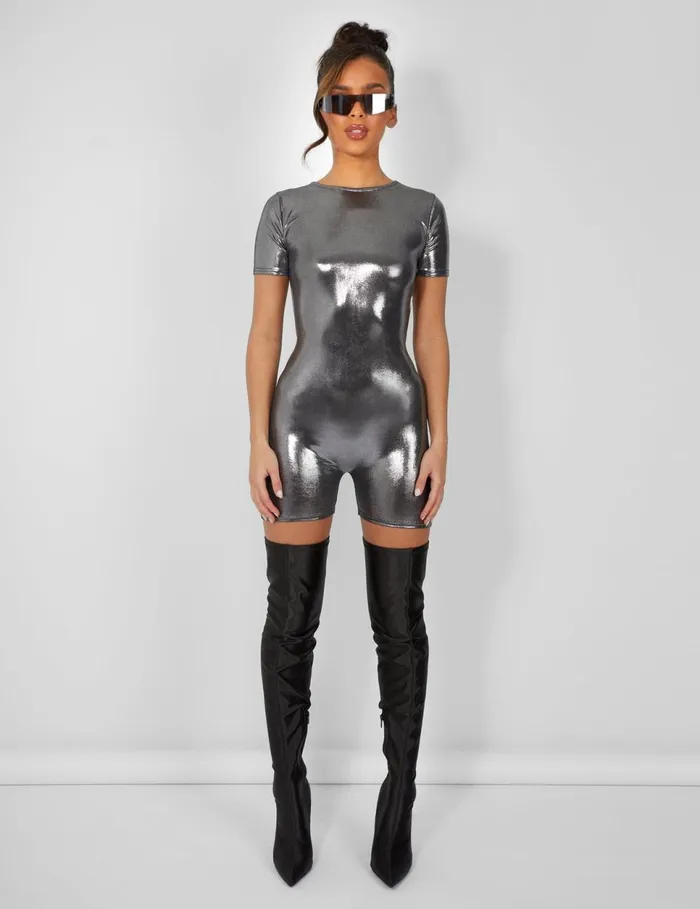 Women Metallic Open Back Detail Short Sleeve Unitard Playsuit Silver Silver Public Desire Metallics