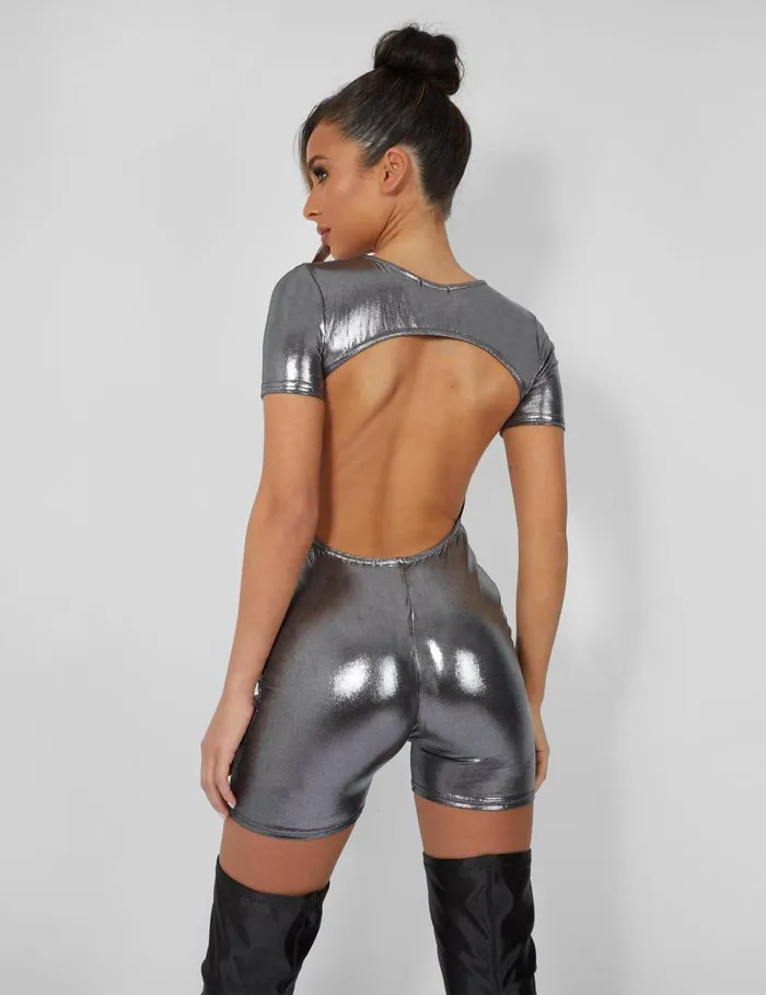 Women Metallic Open Back Detail Short Sleeve Unitard Playsuit Silver Silver Public Desire Metallics