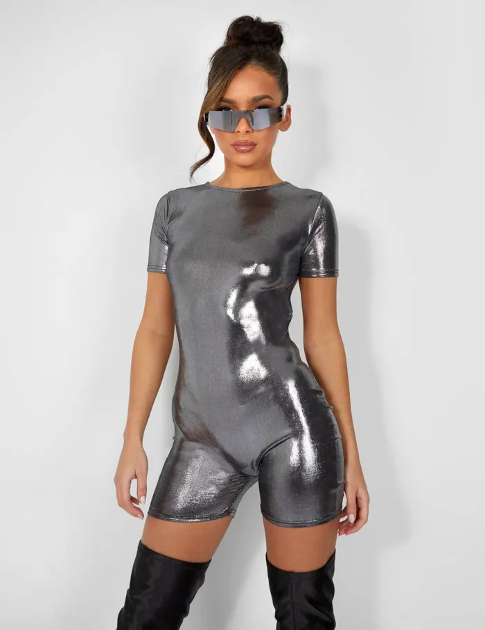 Women Metallic Open Back Detail Short Sleeve Unitard Playsuit Silver Silver Public Desire Metallics