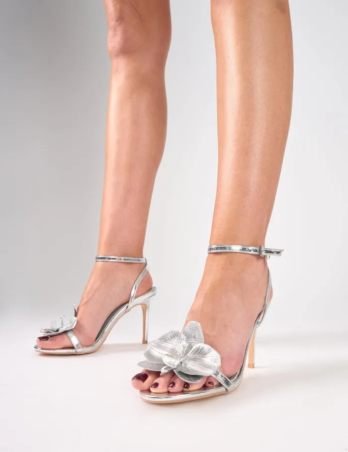 Women Mica Silver Chrome Orchis Barely There Heels Silver Public Desire Stilettos