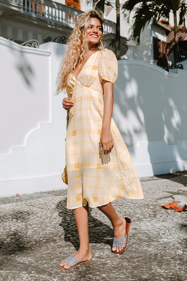 Women Midi Dresses Cupshe Aleena Plaid V Neck Dress Yellow